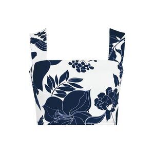 Land's End Plus Standard square neck soft cup tankini white navy lilies Various